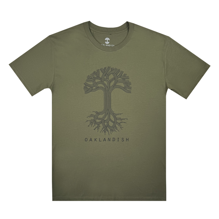 The Oaklandish Classic Logo Tee by Oaklandish features a black circuit-style tree and "OAKLANDISH" beneath it, all printed on an olive green men's cotton t-shirt.