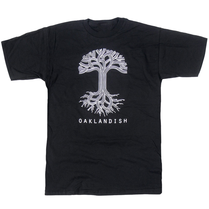 Black t-shirt with a large white Oaklandish tree logo and wordmark on the front chest.