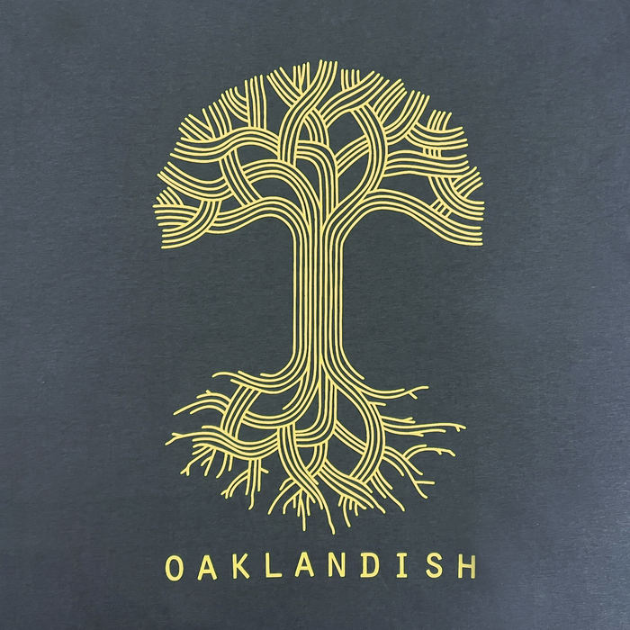Detail front view Oaklandish classic logo tee petrol blue.