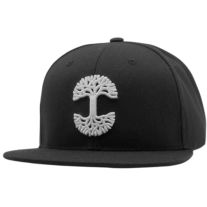This Oaklandish Classic Snapback by Oaklandish is a fashionable black flat-brim cap showcasing a detailed white embroidered tree design on the front that resembles a human brain, reminiscent of the iconic Oaklandish logo. Featuring an adjustable snapback, it includes a structured crown and top button for an ideal fit.