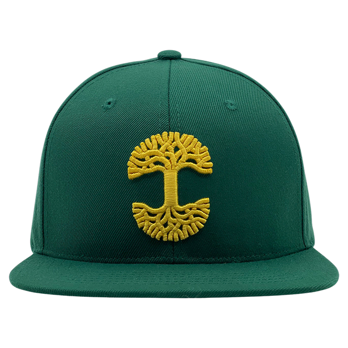 The Oaklandish Classic Snapback by Oaklandish is a green flat-brim cap adorned with a striking yellow embroidered design of a stylized tree, with its branches forming the letter "C" on the front. The cap is made from a durable, textured fabric.