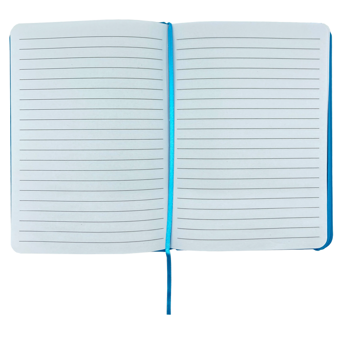 Top view of journal notebook open to show blank lined pages.