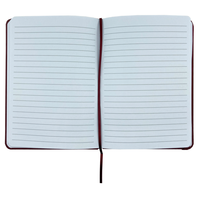 The Oaklandish Emblem Journal by Oaklandish is an 80-page lined notebook featuring a red PVC cover and a debossed Oaklandish tree logo. The open pages display faint blue horizontal lines, with a matching red ribbon bookmark positioned in the center crease. This journal's blank pages provide generous space for writing or drawing, making it perfect for your creative endeavors.