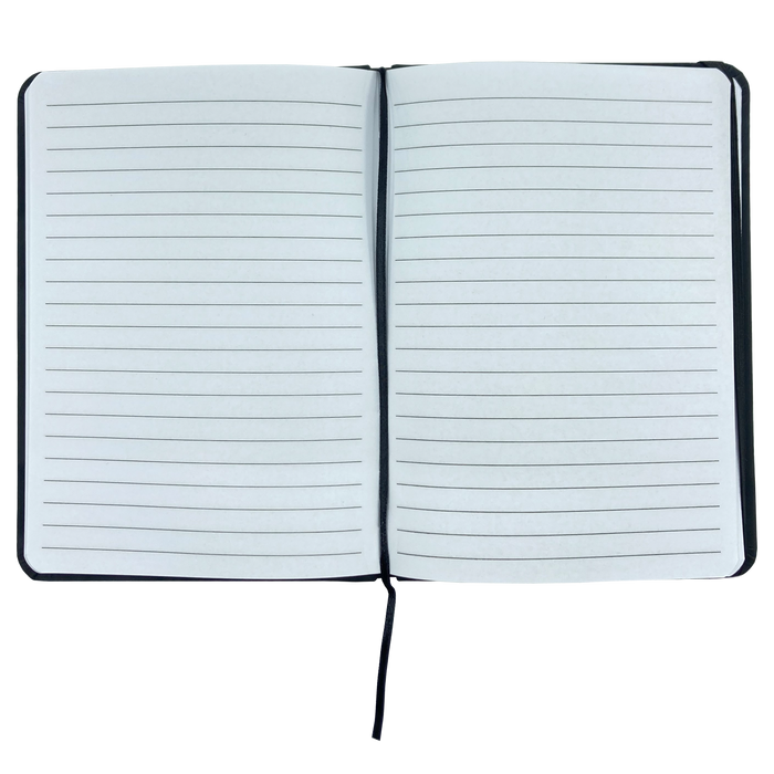 Image of an open Oaklandish Emblem Journal with blank, lined pages. The journal, from the brand Oaklandish, is bound with a black PVC cover and features a thin ribbon bookmark placed in the center. The pages have evenly spaced horizontal lines for writing. A subtle Oaklandish tree logo adorns the cover. The background is plain white, effectively highlighting the journal.