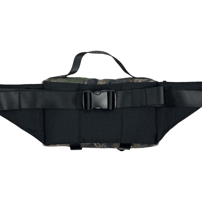 The backside of an Oakladish cross-body bag reveals black padding and a large hip belt with a durable clip.