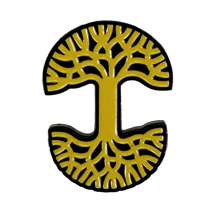 The Oaklandish Logo Enamel Pin by Oaklandish features a symmetrical gold tree forming a capital "I" on white—an elegant accessory to elevate your collection.