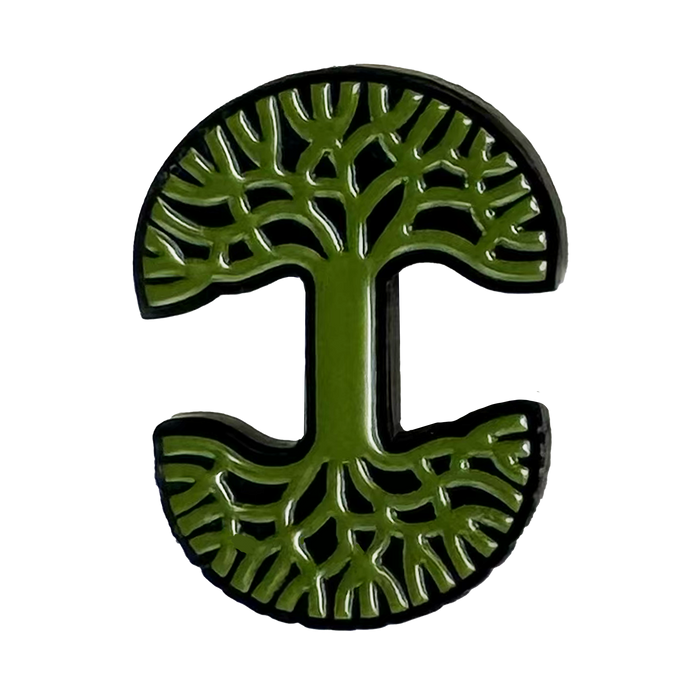 The Oaklandish Logo Enamel Pin by Oaklandish features a green tree with symmetrical branches and roots forming an "I" inside a circle, set against a white background—perfect for lapels or adding to your green accessories.