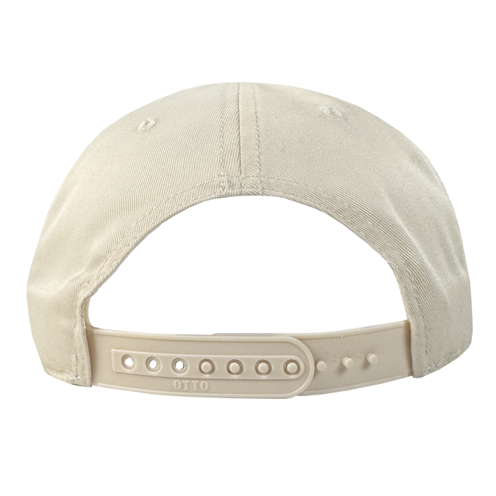 The Oaklandish Skate Club 2-Tone Hat is a beige snapback viewed from the back, with a plastic adjustable strap embossed with "OTTO." The minimalist cap reflects skateboard culture. Brand: Oaklandish. Background is white.