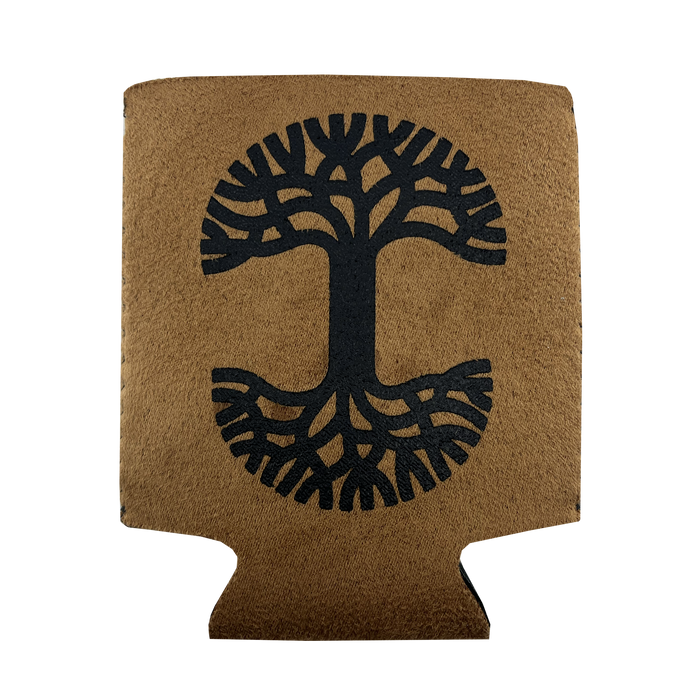 The Oaklandish Suede-ish Can Cooler by Oaklandish is a brown beverage koozie featuring a stylized black tree design. The tree's branches and roots are symmetrical, extending outward within an oval shape, creating a balanced and artistic representation. The soft, suede-like texture is complemented by a Neoprene interior for added insulation.