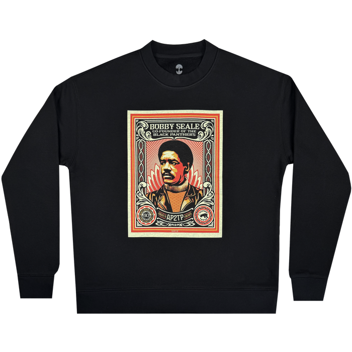The Oaklandish Obey x BPPALN - 60th Educate to Liberate Crew features a bold portrait of Bobby Seale framed in red and beige, honoring the Black Panther Party’s 60th anniversary with striking graphics and “AP2TP” below.