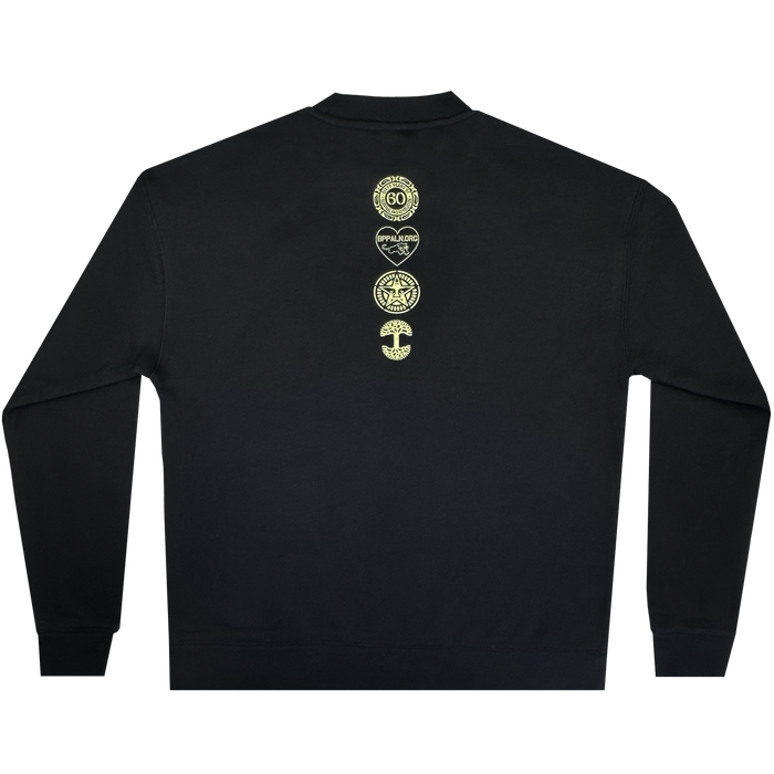 The Obey x BPPALN x Oaklandish - 60th Educate to Liberate Crew by Oaklandish is a black crewneck sweatshirt shown from the back, featuring five unique yellow graphics aligned vertically to celebrate the Black Panther Party’s 60th anniversary.