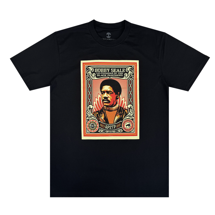 The Oaklandish Obey x BPPALN - 60th Educate to Liberate Tee features a stylized red and beige Bobby Seale portrait, “Bobby Seale, Black Panthers” text and logos, celebrating the Black Panther Party’s 60th anniversary.