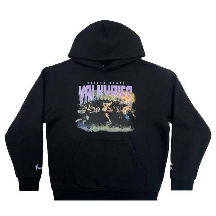 The GSV Odin Hoodie is a premium unisex black fleece featuring a vibrant fantasy battle scene and "GOLDEN MYTHIC VALKYRIES" in bold purple-to-yellow gradient—perfect for Golden State Valkyries fans.