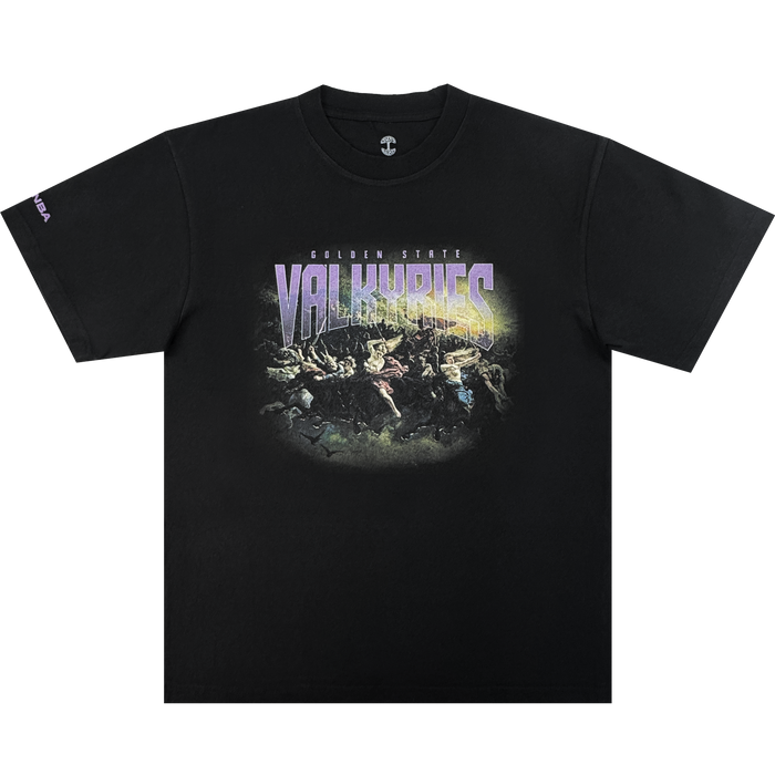 The GSV Odin Tee is a black heavy 100% cotton t-shirt with "Golden State Valkyries" in bold purple and white gradient lettering above a dramatic Valkyries-on-horseback graphic, all centered with a vivid yellowish glow.