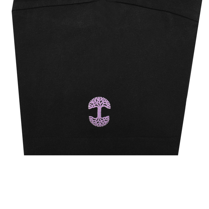 The GSV Odin Tee is a black, 100% cotton heavyweight t-shirt with a small lavender tree emblem, featuring spreading branches and roots, embroidered near the hem. Background shown is plain white.