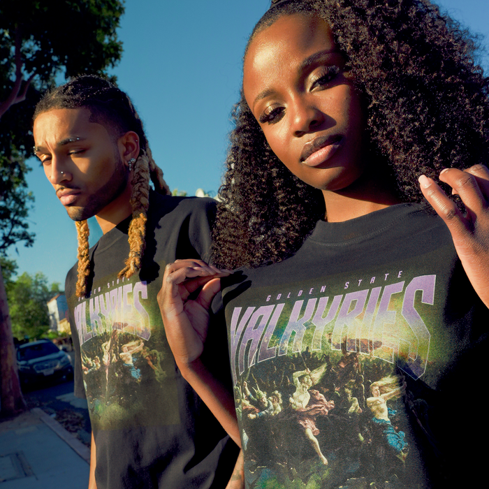 Two people outdoors in bright sunlight wear GSV Odin Tees, each featuring an artistic Valkyries design. One has curly hair, the other long braids. Behind them are a tree and a blue sky.