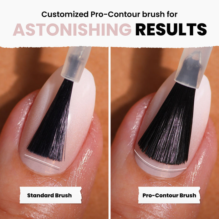 Comparison of nail application: the pastel standard brush shows uneven coverage, while LONDONTOWN's Off the Record pro-contour brush achieves even coverage and a cool mauve finish on a fingernail.