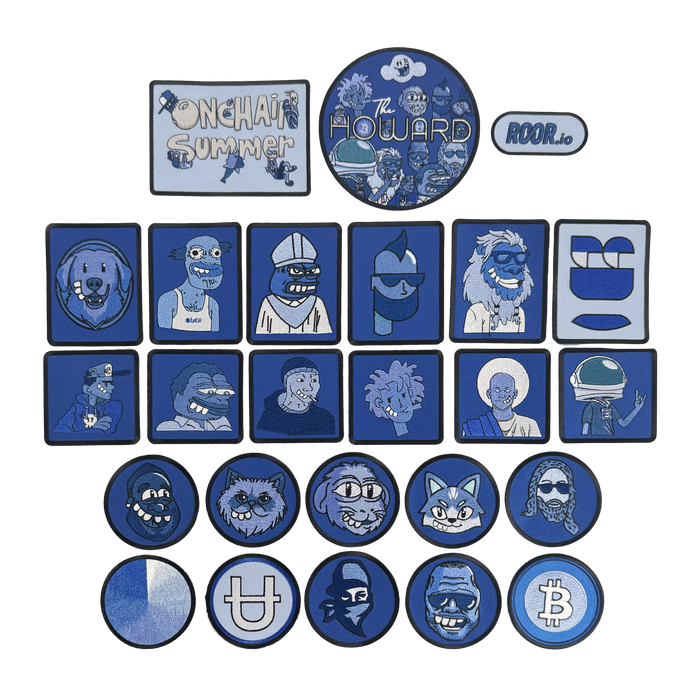The Supported Brands OG Patch set includes 22 patches in blue, white, and black, with cartoon faces, animals, symbols like Bitcoin and smileys, plus “One Hair Summer,” “The Howard,” and Onchain Summit crew designs.