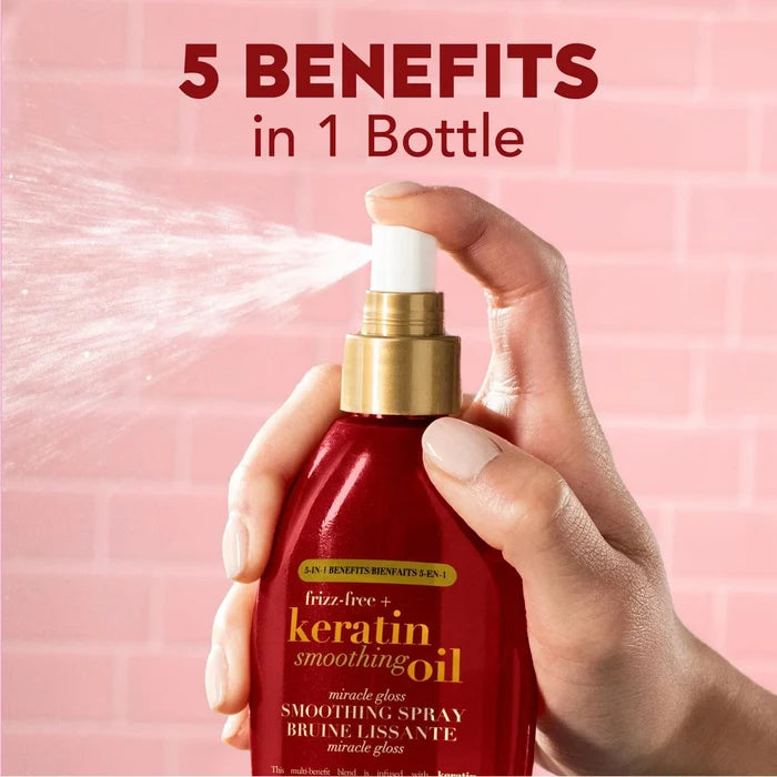 OGX keratin beoothing oil miracle gloss smoothing spray سبريه المعجزه بالكيراتين للعناية بالشعر من او جي اكس