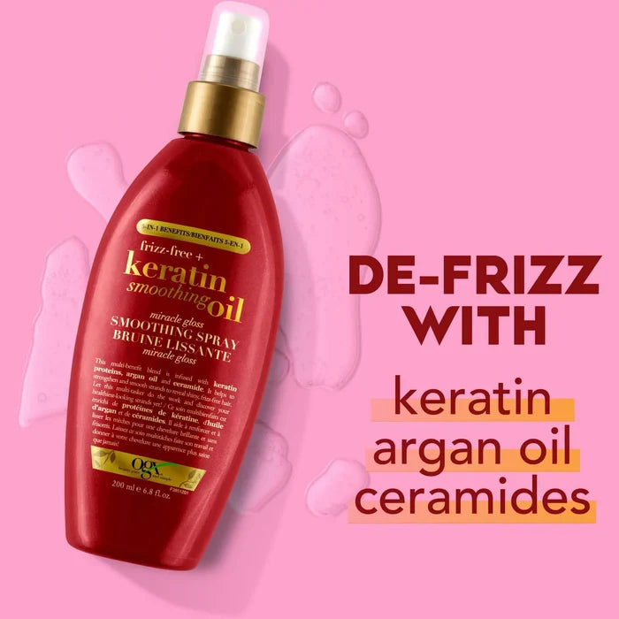 OGX keratin beoothing oil miracle gloss smoothing spray سبريه المعجزه بالكيراتين للعناية بالشعر من او جي اكس