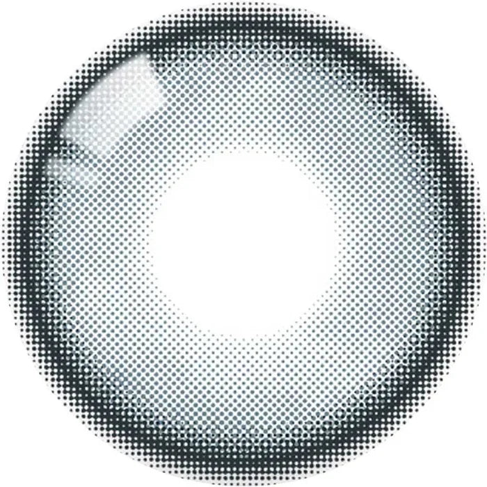 A close-up image of a transparent contact lens with a fine, dotted black pattern around the edge and a clear center, resembling the circular gradient design of Olola Meow Natural Siam Blue by Olola.
