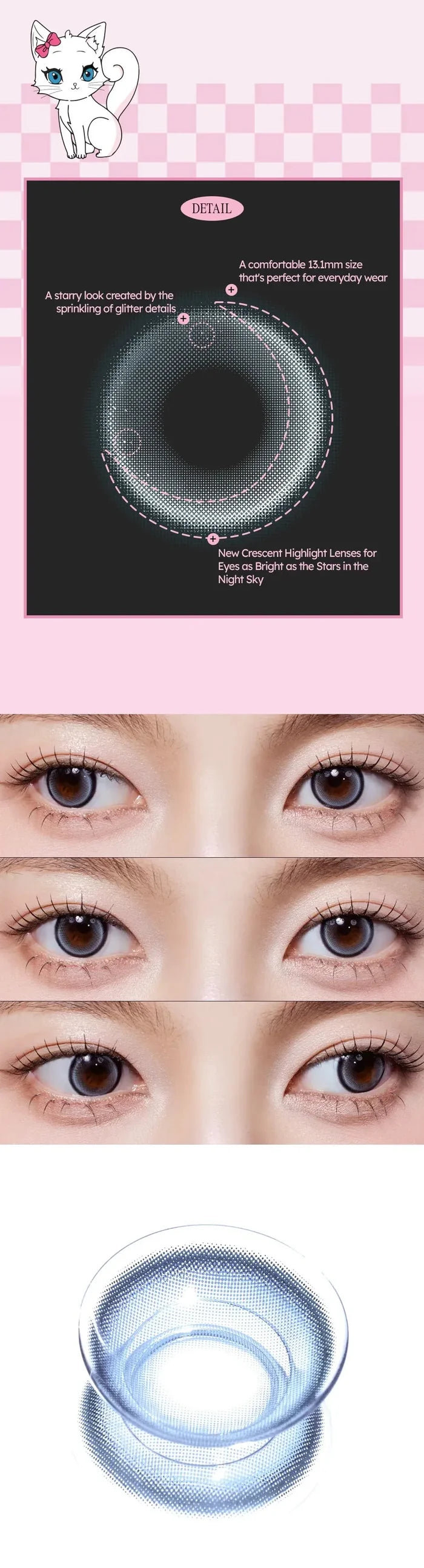Promotional image for Olola Meow Natural Siam Blue contacts by Olola, showing lens details, close-ups of vivid blue eyes, a 3D lens render, and a cute cat illustration on a pink checkered background.