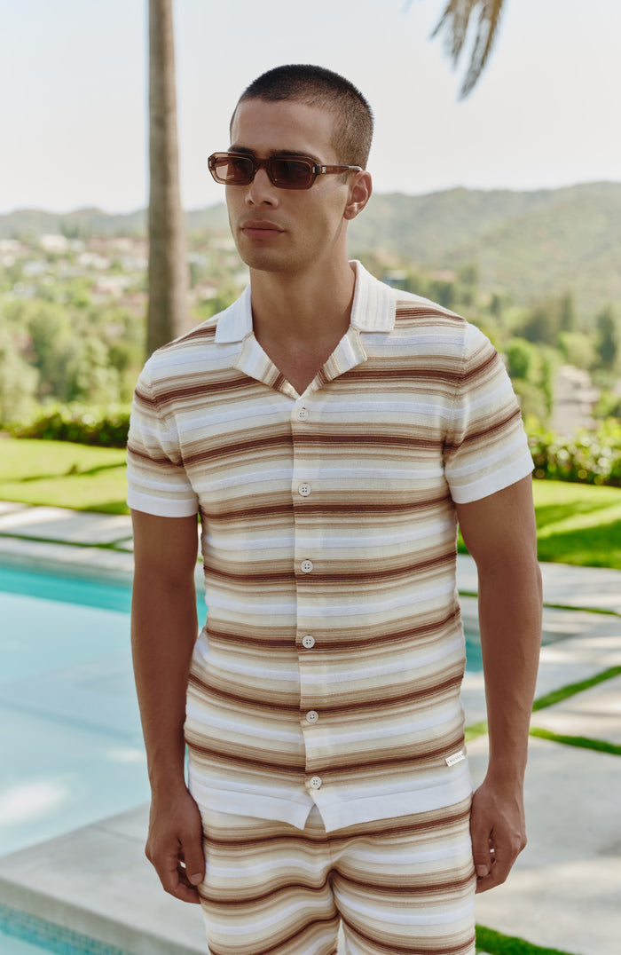 Ombre Short Sleeve Stripe Knitted Shirt in Beige