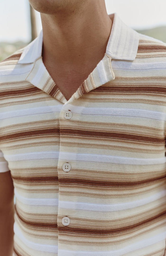Ombre Short Sleeve Stripe Knitted Shirt in Beige