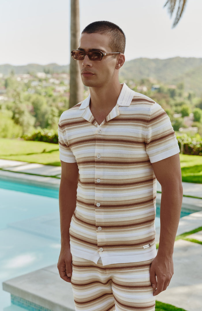 Ombre Short Sleeve Stripe Knitted Shirt in Beige