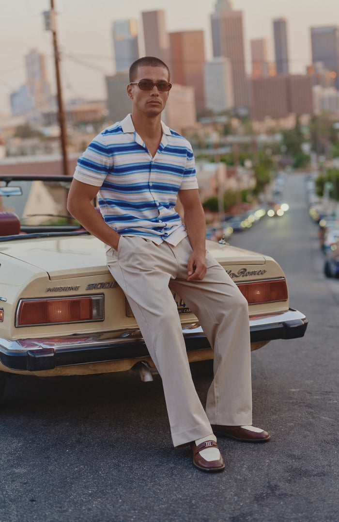 Ombre Short Sleeve Stripe Knitted Shirt in Blue