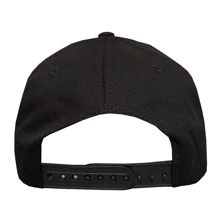 The Oakland Roots SC ORSC 5 Panel Hat in black is shown from the back, featuring a curved fabric panel and black adjustable plastic snapback. The plain white background highlights its simple sports-inspired design and texture.