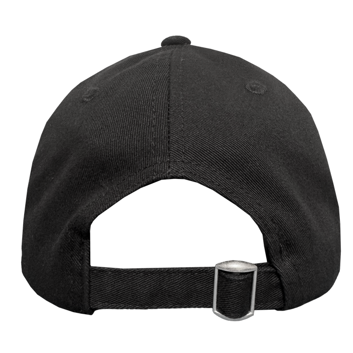 The image shows the back of a black Oakland Roots SC ORSC Dad Hat, featuring an adjustable strap with silver buckle, visible stitching and texture, two ventilation eyelets per side, set against a white background.