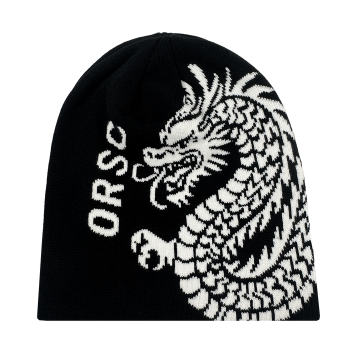 The Oakland Roots SC ORSC Dragon Skully is a black knit beanie with a bold white dragon on one side and "ORSC" vertically on the other, honoring Roots SC & Soul and classic Oakland Roots Sports Club style.