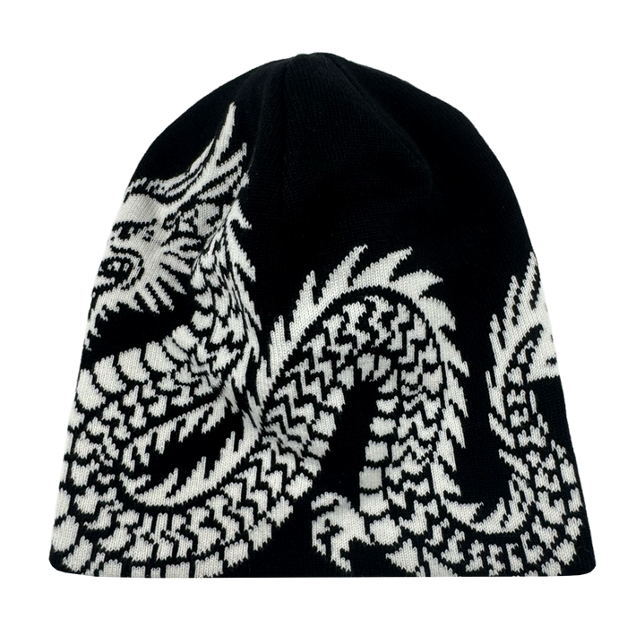 The Oakland Roots SC ORSC Dragon Skully is a black beanie featuring a bold white dragon design wrapped around the hat, with intricate details contrasting sharply against the solid background.