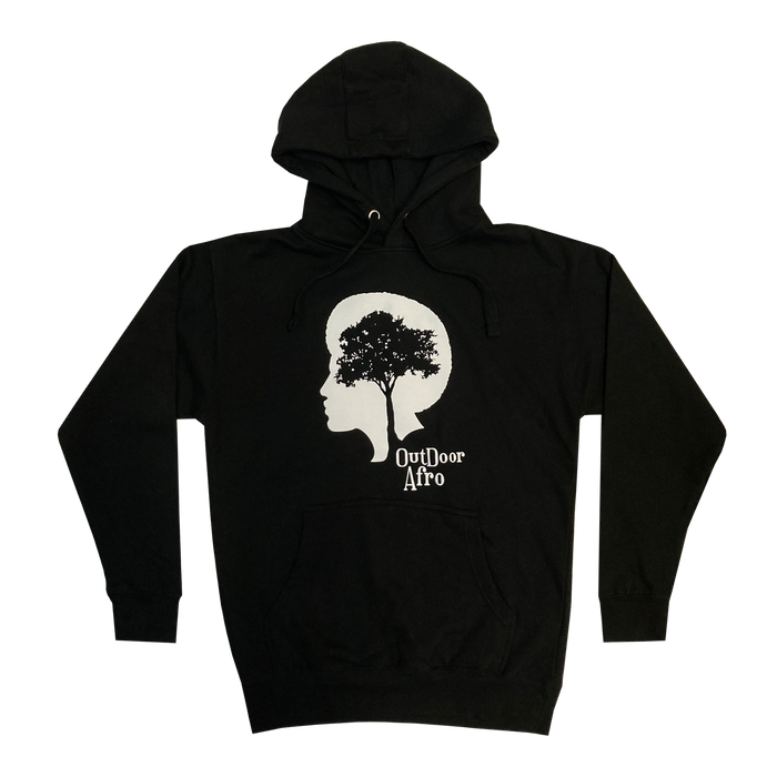 Introducing the Outdoor Afro Hoodie by Partner. This black pullover hoodie showcases a unique frontal design, featuring a silhouette of a person's profile with a large tree seamlessly integrated into their hair. Below the silhouette, the text "Outdoor Afro" is printed. Made from premium heavyweight fleece, it includes a front pocket and drawstrings on the hood for added comfort and style.