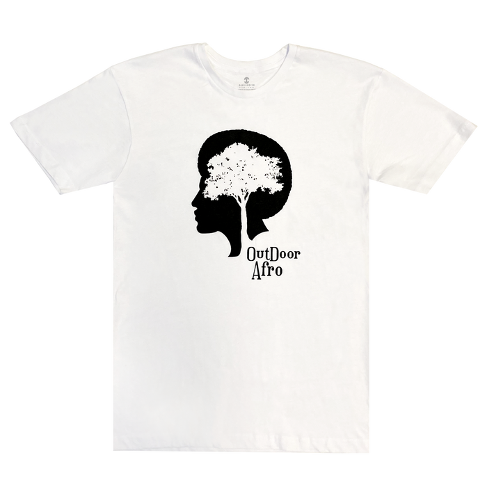 The Outdoor Afro Signature Tee by Partner is a white T-shirt adorned with a striking black silhouette of a person's head in profile, seamlessly integrated with the silhouette of a tree as the hair. Ideal for any outdoor enthusiast, it proudly displays the words "Outdoor Afro" below the image in bold black lettering.