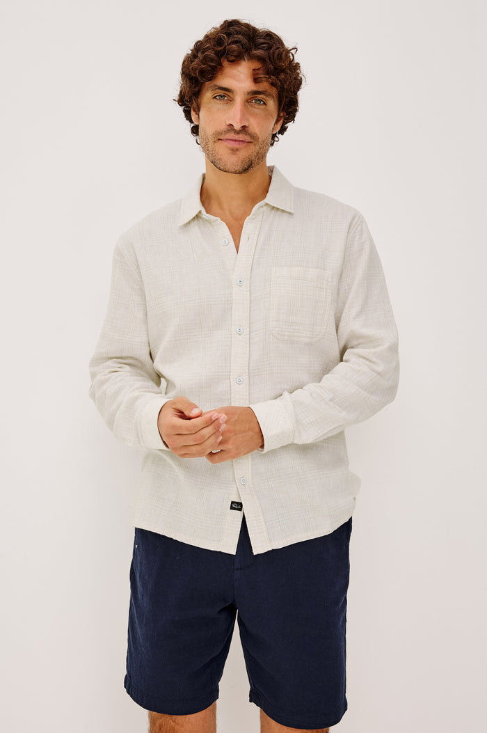 Owens Button-Up Shirt in Lightweight Cotton With Subtle Texture, Collar, Long Sleeves, and Chest Patch Pocket in Desert Path Colorway - Upper Body Front View Featured on Model
