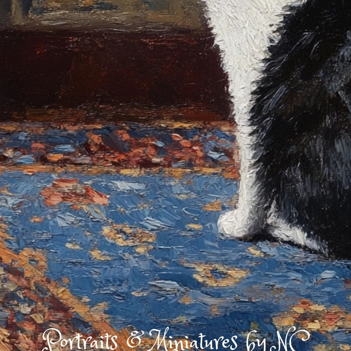 Painted Whispers - Custom Painted Black and White Cat rug deatil