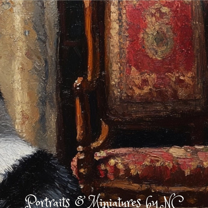 Painted Whispers - Custom Painted Black and White Cat chair detail