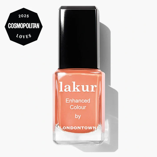 A bottle of LONDONTOWN lakur Enhanced Colour nail polish in the Paloma shade, featuring a "2025 Cosmopolitan Loves" badge in the top left corner.