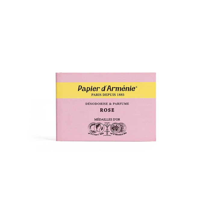 Pink booklet of Papier d'Armenie incense papers in rose scent on white background