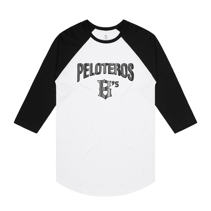 Introducing the Peloteros Raglan Tee by Oakland Ballers—a black and white raglan t-shirt featuring bold “PELOTEROS” lettering above a stylized “G’s” logo on the front. Designed with black sleeves and collar contrasted by a white body, this tee is laid flat on a plain white background—perfect for any Oakland baseball fan.