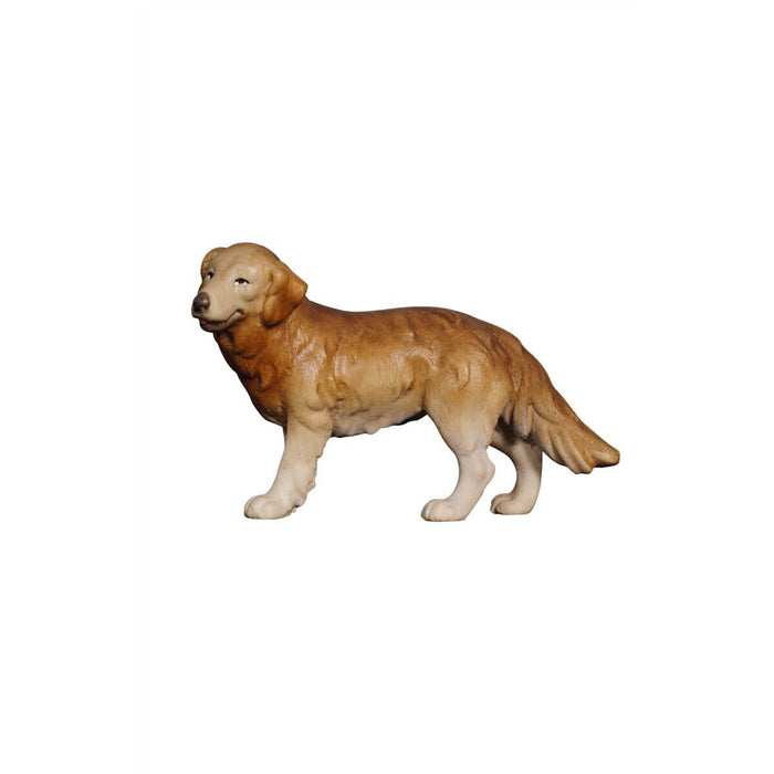 Hand-carved PEMA Kostner nativity shepherd dog with golden fur, standing and looking left with a joyful expression.