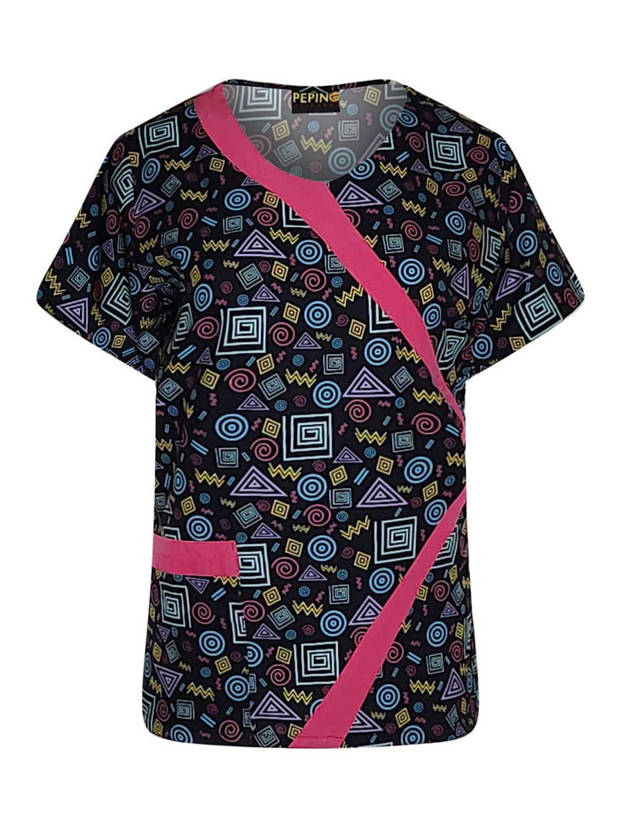 Pepino Uniforms Printed Dark Spirals V-Neck Trim Scrub Top