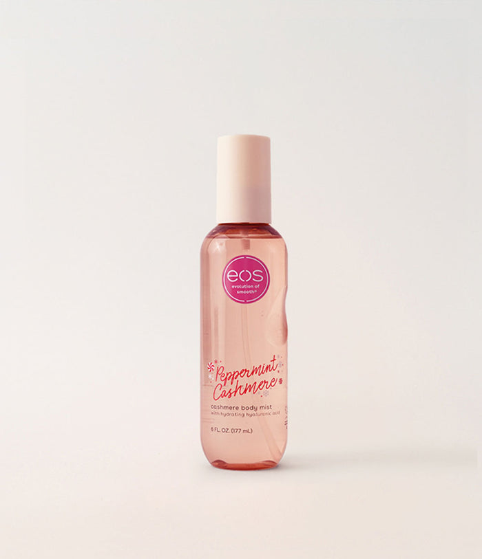EOS Peppermint Cashmere body mist bottle on a light beige background