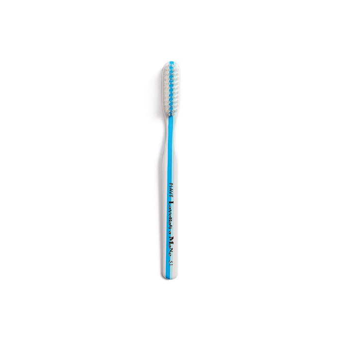 Toothbrush with blue handle and white bristles on a white background