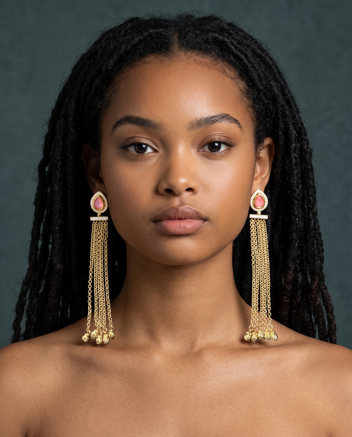 Pink - Medium - Antique Gold Finish Traditional Earrings - Bollywood - Weddings - 15ER679 07P26