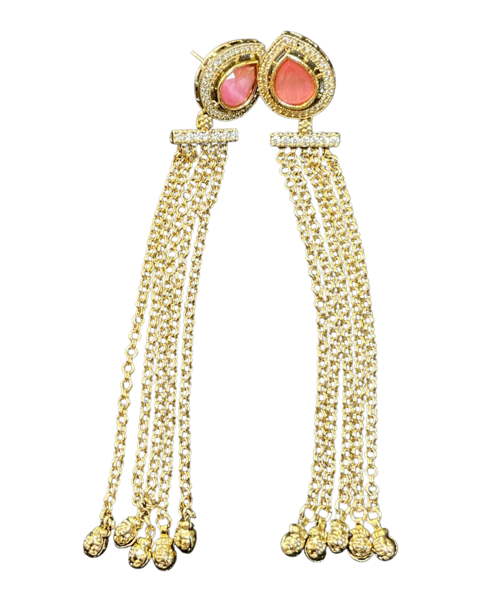 Pink - Medium - Antique Gold Finish Traditional Earrings - Bollywood - Weddings - 15ER679 07P26