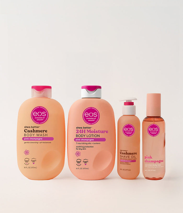 Collection of eos skincare products on a light background