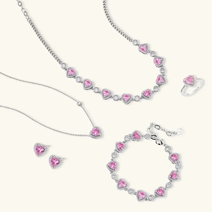 Pink Heart Zirconia four-piece silver-tone jewelry set with pink heart stones and clear pavé halos